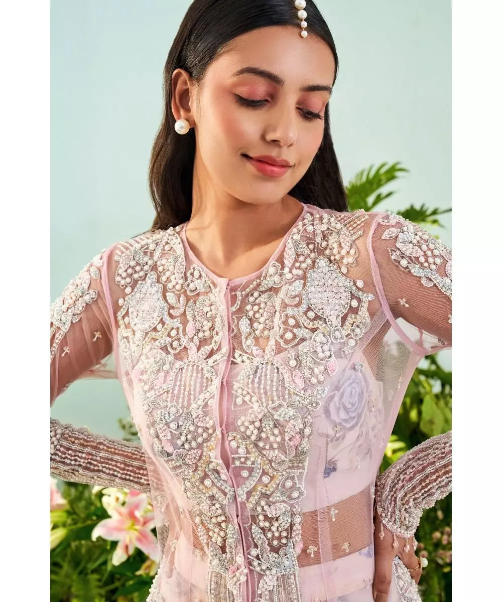 MANI BHATIA - Candy pink Jacket with Ivory print Bustier Gharara set